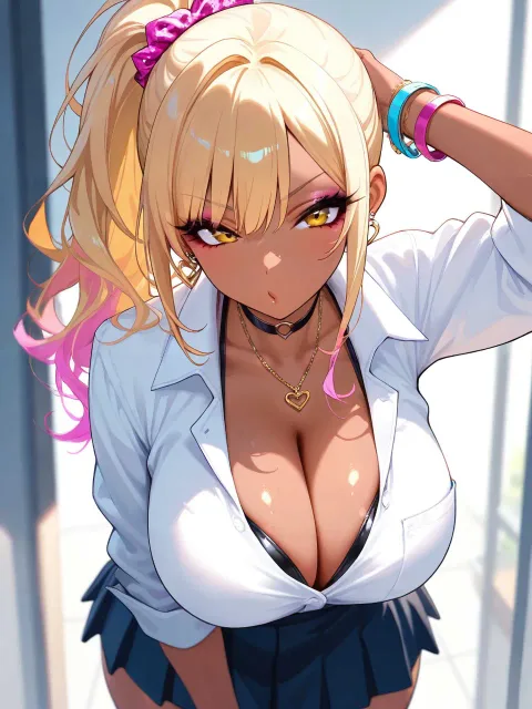 超でかいおっぱい、黒ギャル、ガングロ、派手髪 - 制服 vs 私服