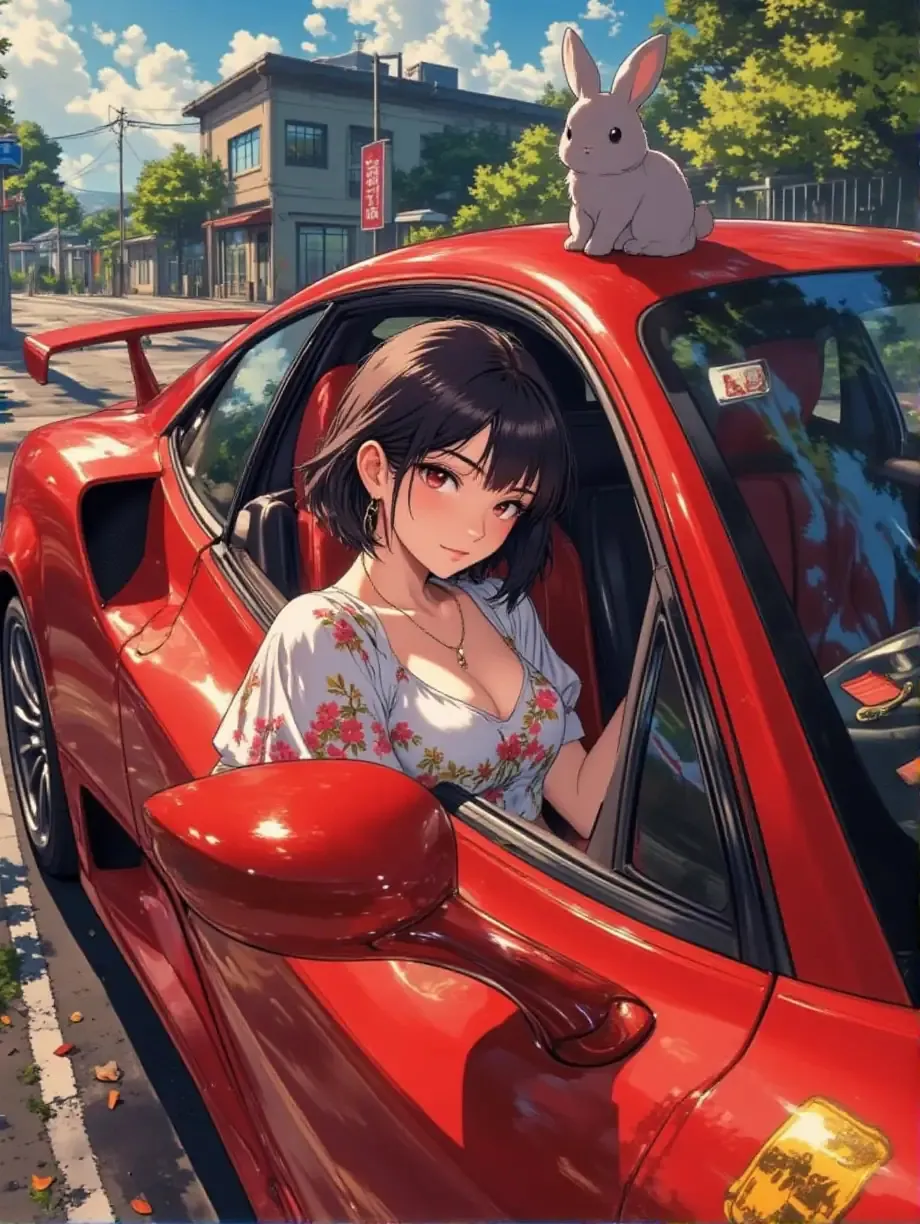 スーパーカーに乗る紅夜さんと子うさぎ — 紅夜さんのAIイラスト