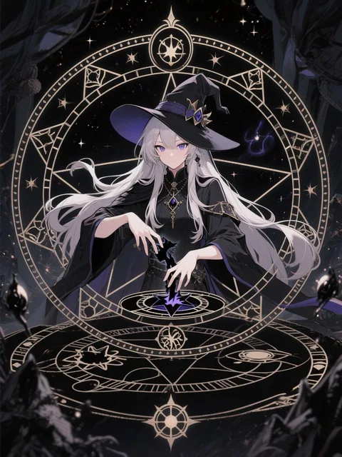 黒魔術を行う美しい呪術者黒魔術 夜 魔法陣 - スピ系🌗🌝