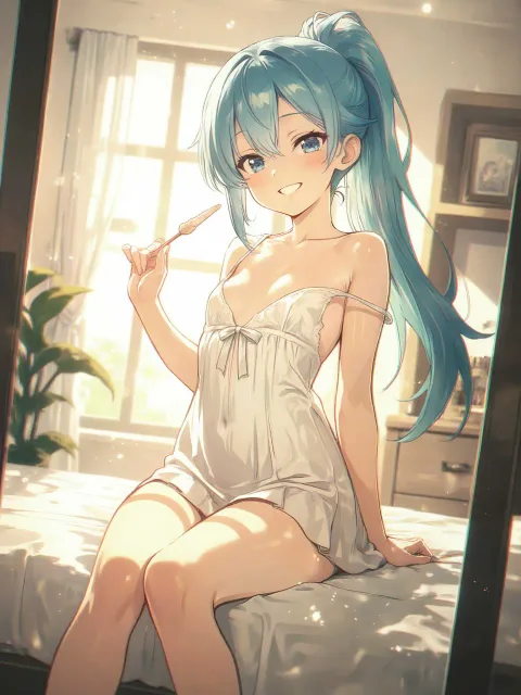 A young girl with a petite… - スリップ一枚