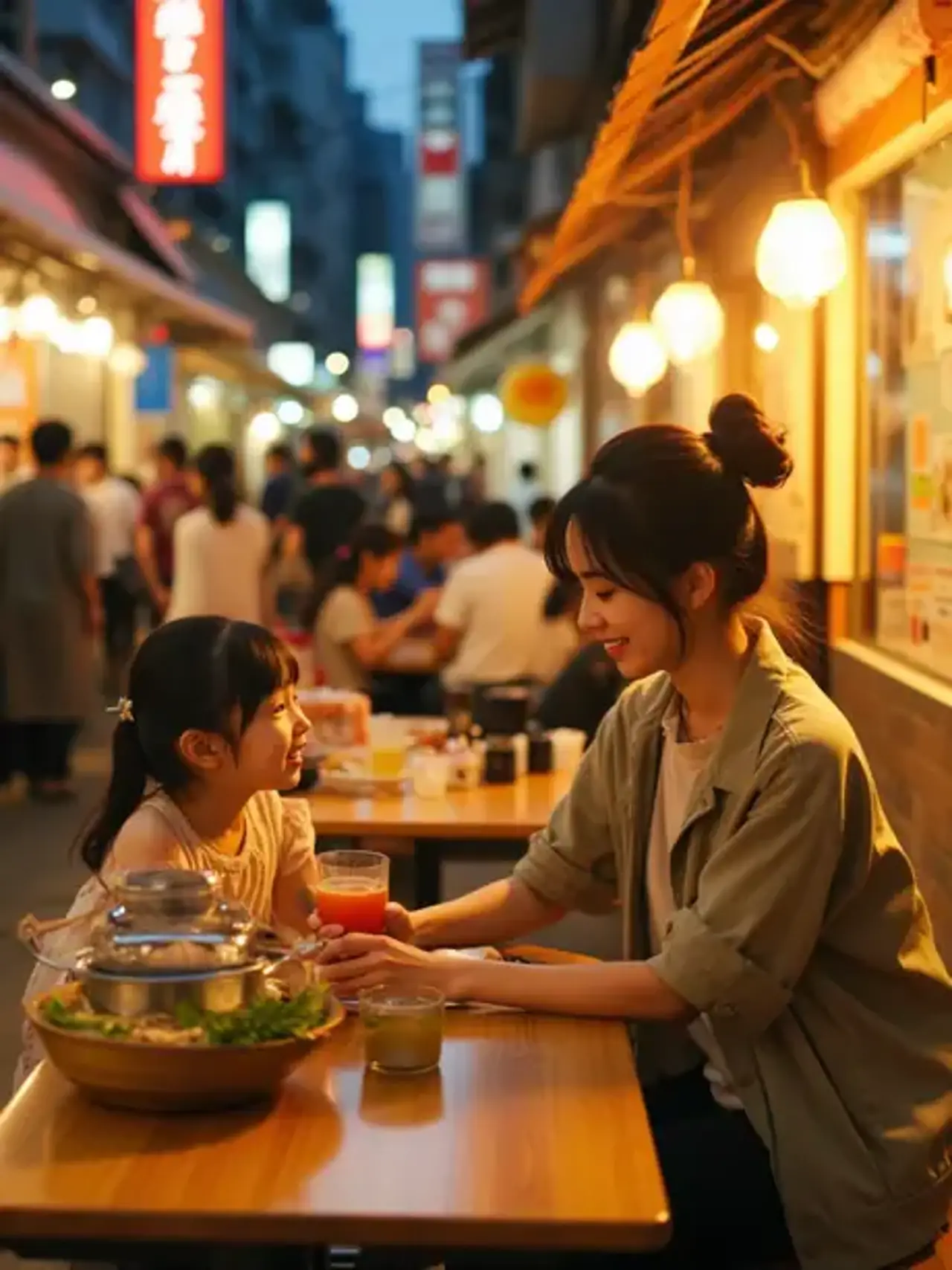 Under the warm night - market lights, mother and daughter to…