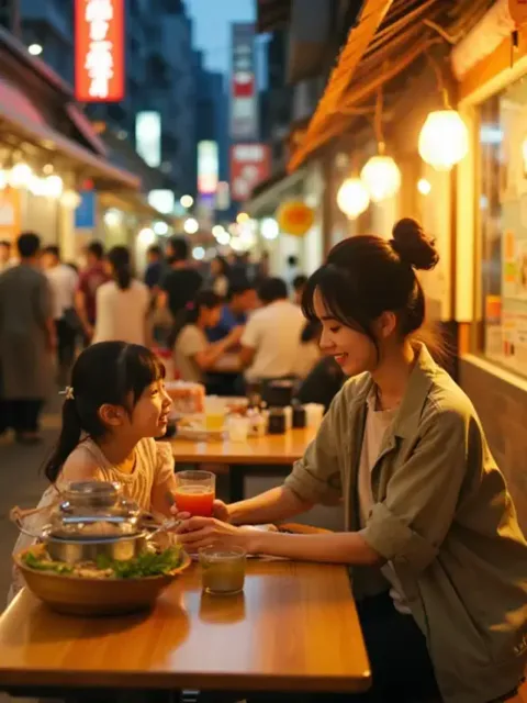 Under the warm night - market lights, mother and daughter to…