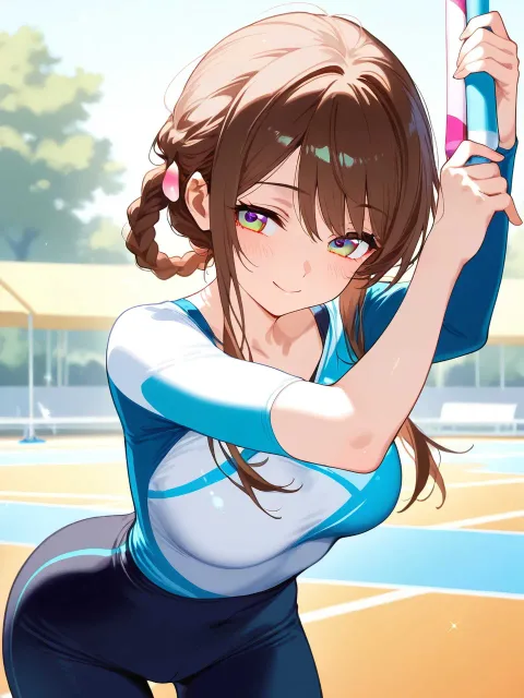 ラジオ体操をする美少女、夏の朝のはじまり、茶髪の三つ編み