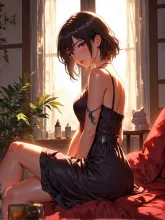 座ってゆっくり休んでいる紅夜さんと子うさぎの置物 — 紅夜さんのAIイラスト