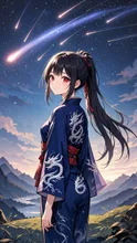 黒髪ポニテ乙女💕流星群の降り注ぐ丘で💕