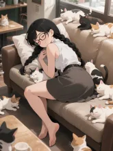 「穂蔵 灯子(ほのぐら とうこ)」の猫カフェでお昼寝 — 猫カフェイラストのAIイラスト|SUPPART