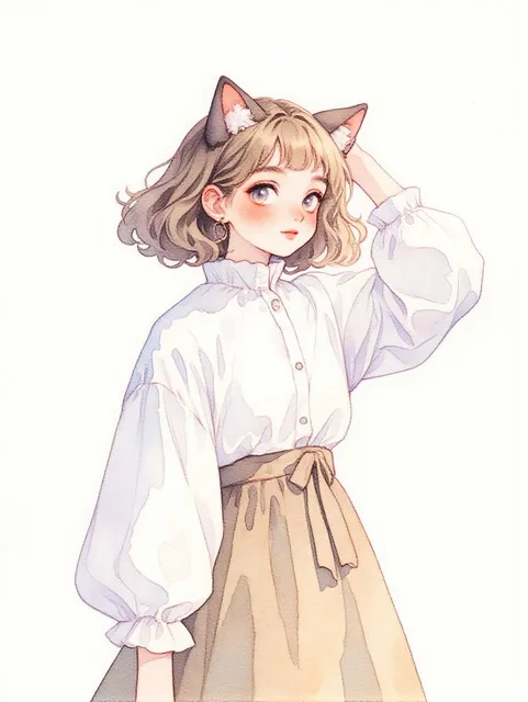 猫耳の女の子、白いブラウスにカーキ色のロングスカート