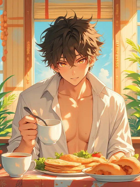 イメージカラーはオレンジ色と水色、日焼け肌、クールな男子