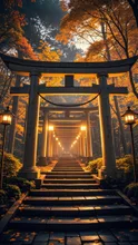 夜の紅葉、提灯、ライトアップされた鳥居のある夜の神社