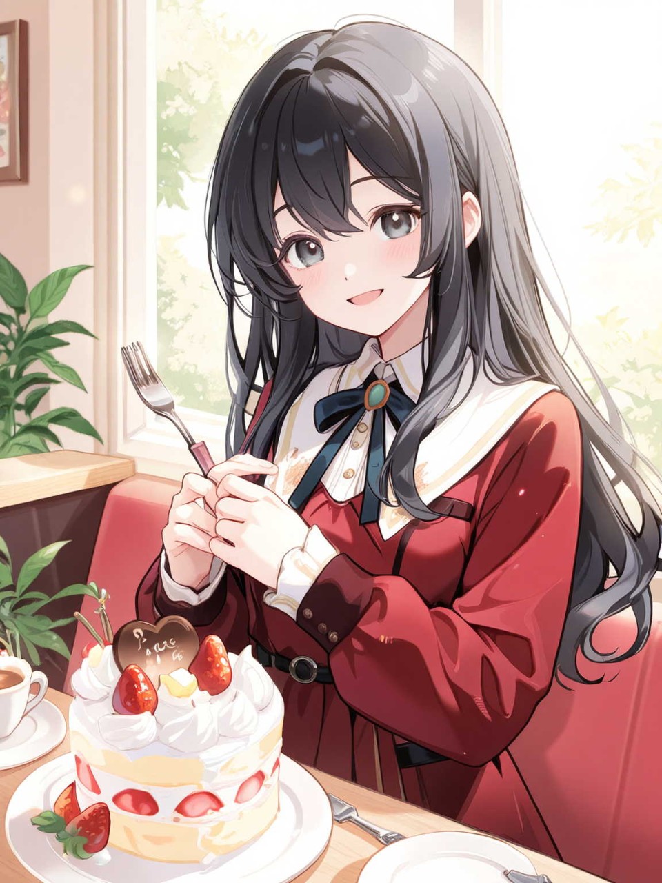 美少女高校生が試験勉強のご褒美のイチゴ🍓ケーキ🍰を食べている美少女高校生 — 香風さんのAIイラスト