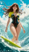 She skillfully controls the waves winding like snakes with cool expression