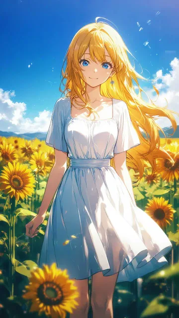 ひまわり畑の美少女、青空とひまわり畑、髪をなびかせ
