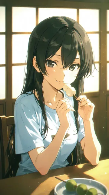 お団子を幸せそうに食べている美少女 黒髪ストレートロングでダ…