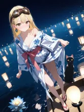 灯籠の夜に浴衣姿になってみた…パンク娘と黒ニャンコ…黄 — 浴衣のAIイラスト|SUPPART