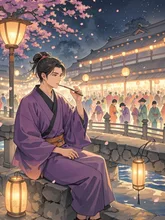 夜桜の下、祭りに浸る
