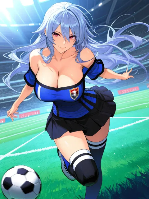 露肩のサッカーユニフォーム、ミニスカート、ガーターニーハイ