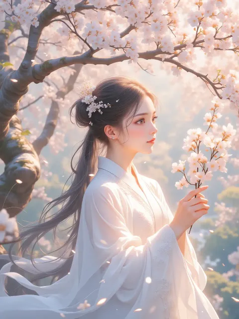 美しい天女の薄い衣姿、手には白梅の花の枝 - 天女の衣