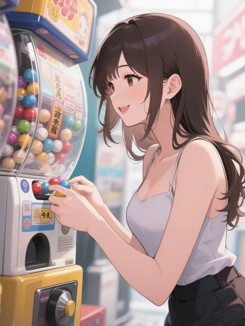 ガチャガチャの成年女性、今日の運試しカプセル、上半身のアップ