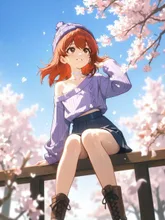 肩見せセーター赤毛娘と桜並木…紫 — セーターイラストのAIイラスト｜SUPPART