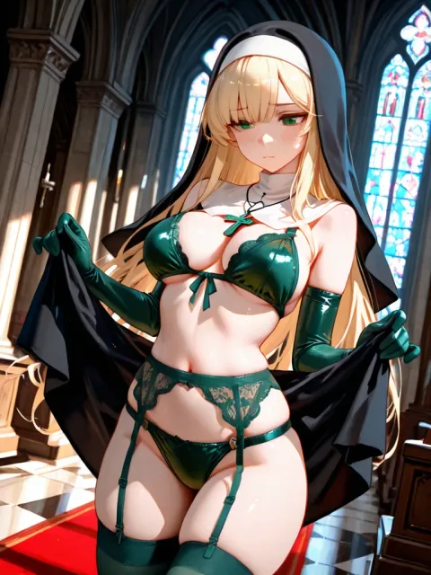 悩ましい身体の金髪美人なシスター、健康的な身体 - 巫女 vs シスター