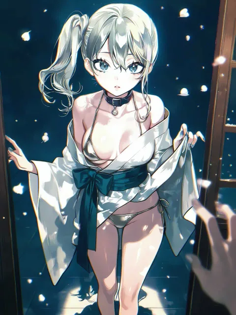 明るい縁側、襟をつまむ指、やわらかい水彩のにじみ