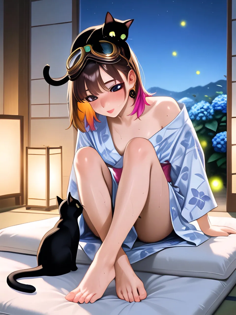 寝苦しい夜に浴衣ですわ…パンク娘と黒ニャンコ…茶
