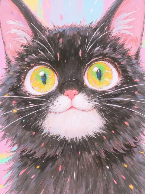 黒灰色のトラ猫、丸く開いた瞳孔、アップ、照れ笑い、斜めの構図