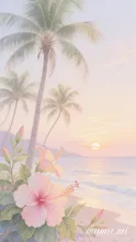 海沿いのヤシの木とハイビスカス🌺