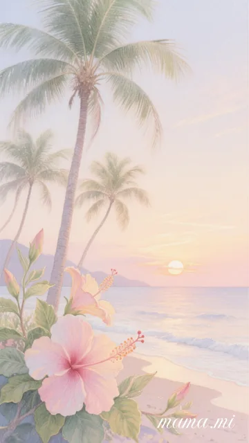 海沿いのヤシの木とハイビスカス🌺