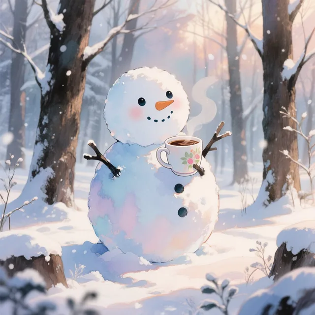 ホットココアを持つ雪だるま
