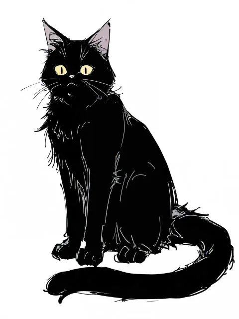 一本の線で描かれた猫の背中、白い背景に黒線だけ - 線だけの世界