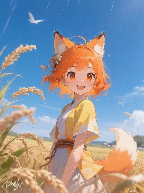 麦畑に雨