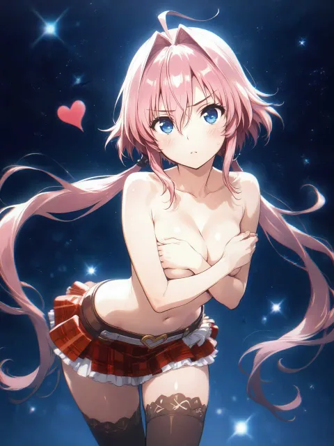 黒いストッキングと絶対領域が魅惑的な美少女、トップレス