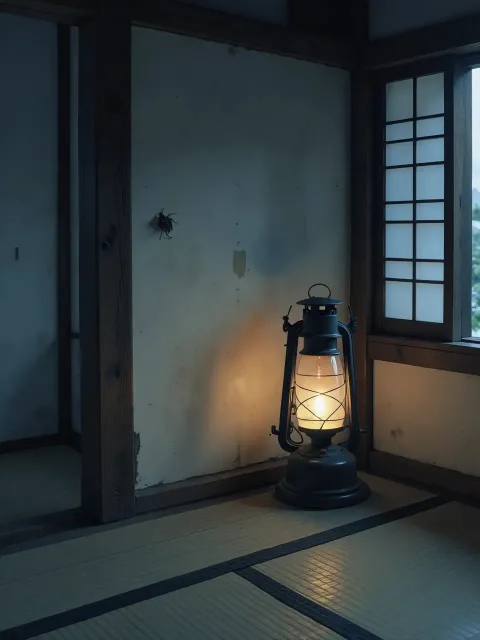 紙の火袋がほの明るいだけの古い行灯がひとつ置かれた座敷 - 行灯の間