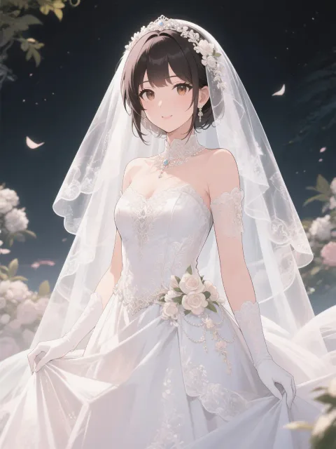 ウェディングドレス姿でブライダルベールの若い女性 - 花嫁の朝