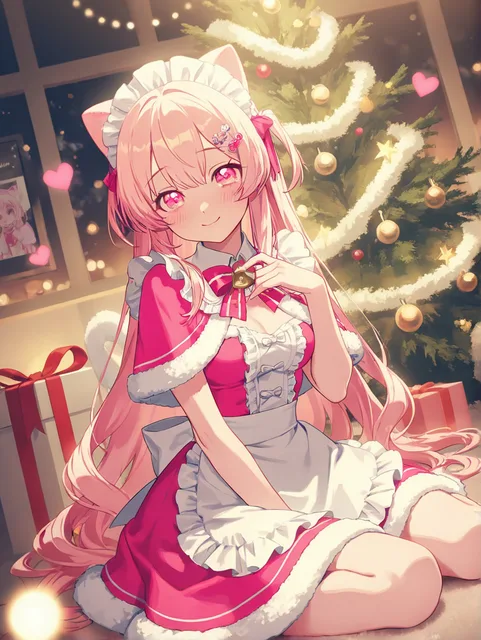 照れた笑顔、キラキラのクリスマスツリー