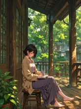 縁側で本を読みながらうたた寝している紅夜さんと子うさぎ