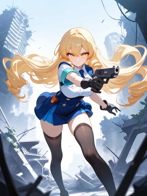 金髪縦ロールミニスカポリスの射撃前