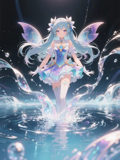 魔法少女の変身、水面のエフェクト、光と波、幻想的な雰囲気