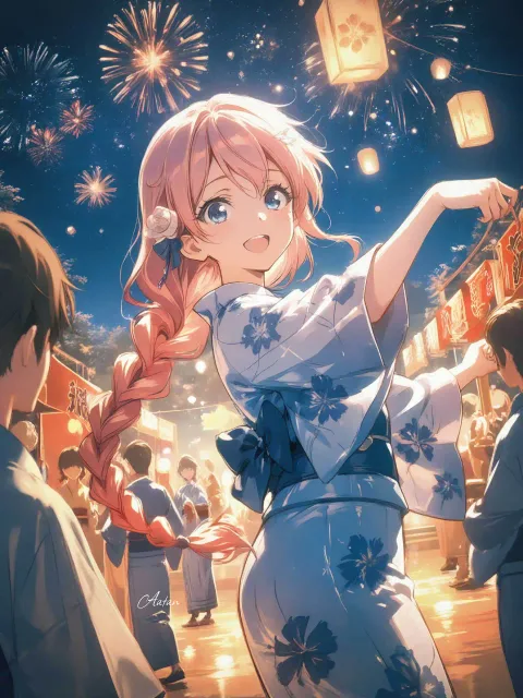 花火柄の浴衣の美女、盆踊り、櫓と提灯、盆踊りの夜