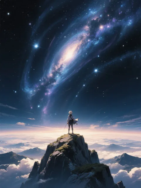 山頂からの絶景、夜の山頂、宇宙の広がり、幻想的な雰囲気