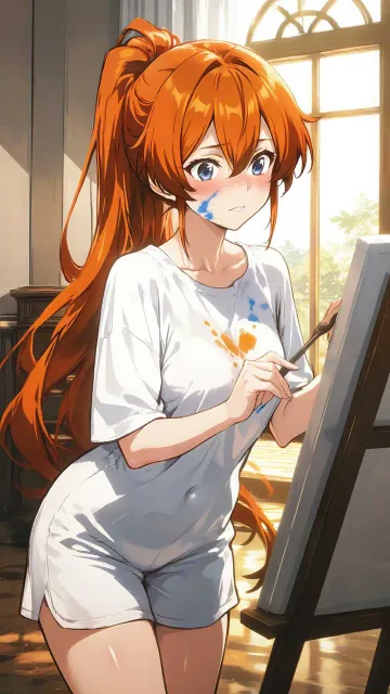 信じられない程美人、茶髪ロング、ポニーテール - 女流画家
