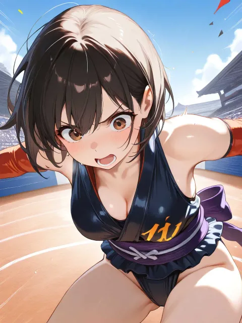まわしを締めた女力士 黒髪短髪 大きな茶色の瞳 無表情爆乳…