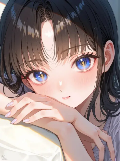 半眼でこちらを見つめる潤んだ目をした成年女性 - 濡れた目