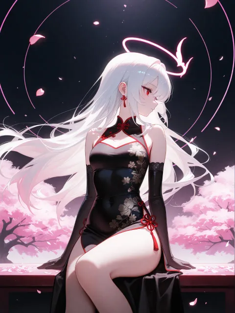 座る少女、白い髪と紅い瞳、黒いチャイナドレス、肘までの手袋