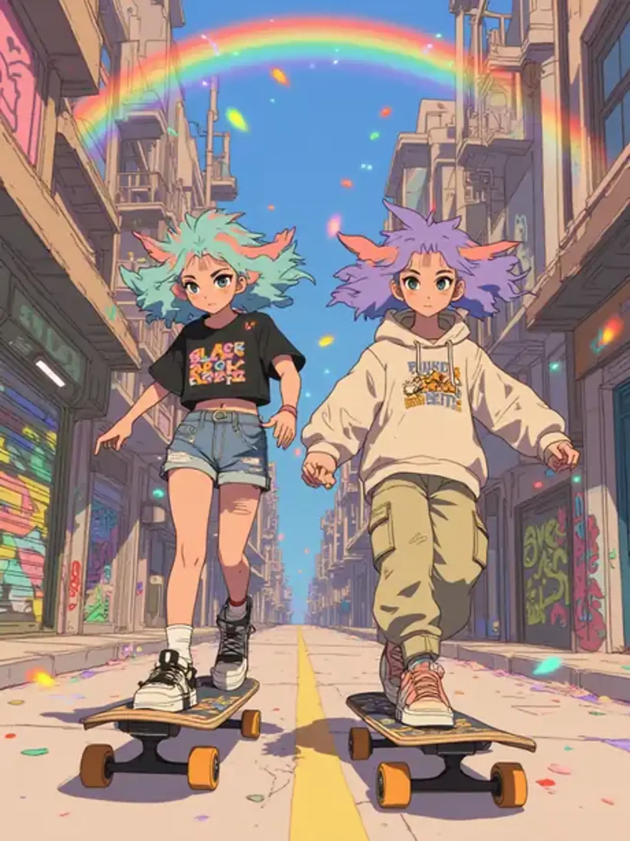 Rainbow Skateboarders — rei_26さんのAIイラスト