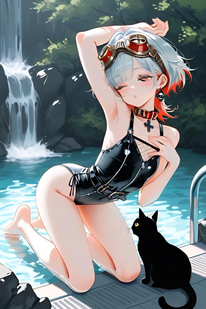 滝つぼで水遊びしてる…パンク娘と黒ニャンコ…銀