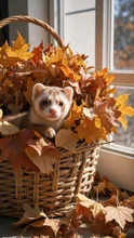 Cinnamon Ferret Maple Leaf Basket Burrow Autumn Wind Open Window Playful — マサキ⚡さんのAIイラスト