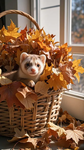Cinnamon Ferret Maple Leaf Basket Burrow Autumn Wind Open Window Playful