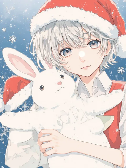 白髪の男の子とうさぎのぬいぐるみ クリスマス